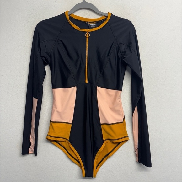 PrAna Long Sleeve McKalya One-Piece Swimsuit Black Pink Mustard Rash Guard M - Picture 3 of 9